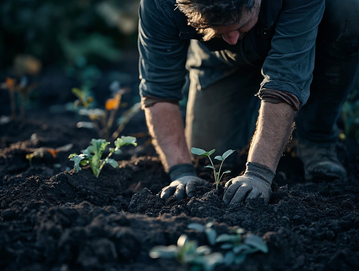 Hovenier plant een jonge buxus in verse aarde