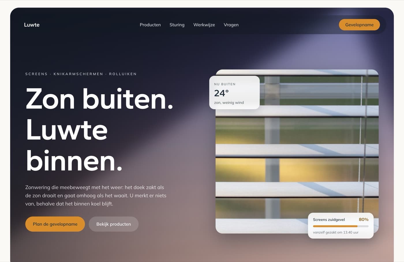 De Luwte-voorbeeldsite: donkere glas-hero met weerwidgets over een lamellenfoto