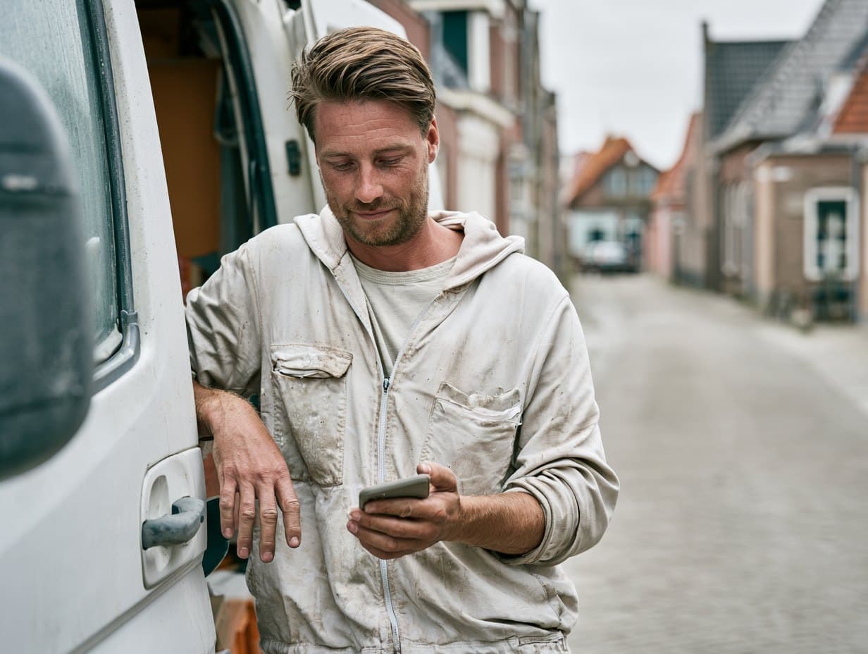 Schilder leunt tegen zijn bus en bekijkt een website op zijn telefoon