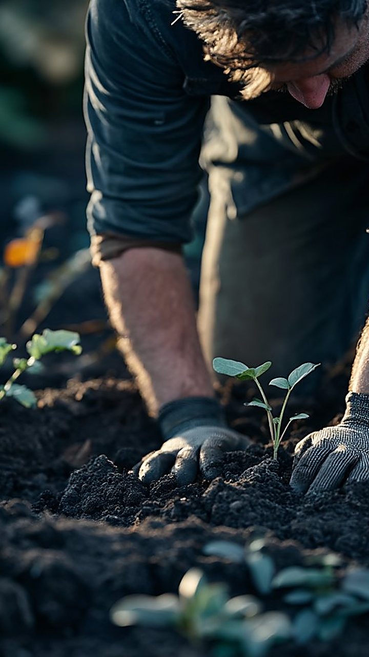 Hovenier plant een jonge buxus in verse aarde